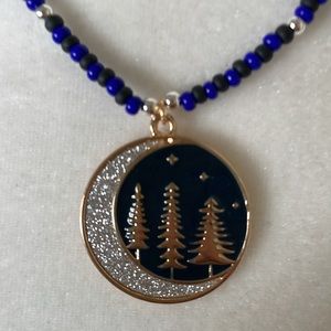 HAND CRAFTED BEADED CHOKER Moonlit Trees Pendant  Blue Black Silver Boho Stars